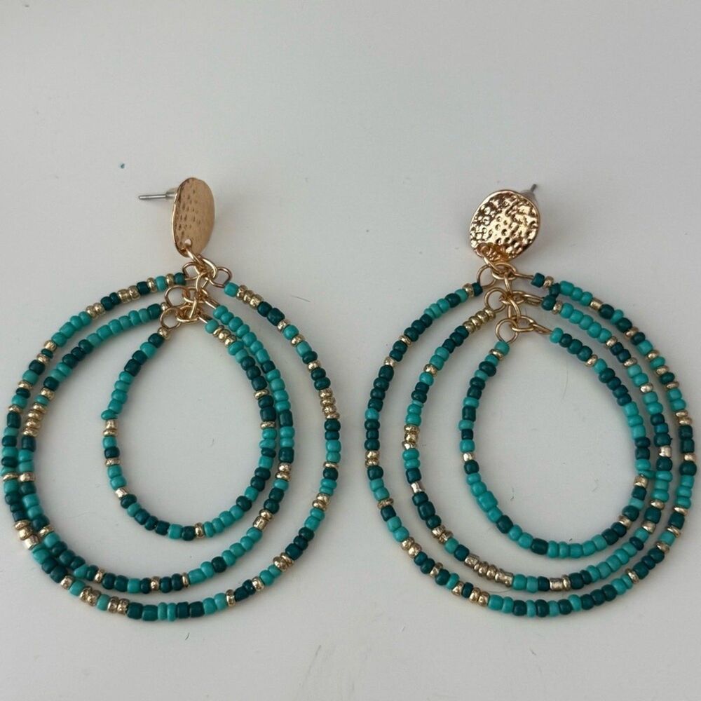 Boho Gold & Turquoise Multi-Layer Beaded Hoop Earrings